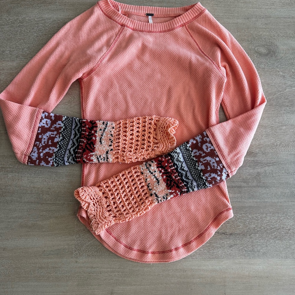 Free People Peach Long Sleeve Top with Crochet & Patterned Cuffs